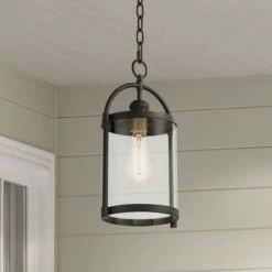 John Timberland Modern Outdoor Hanging Light Fixture Black Warm Brass Metal 15" Clear Glass for Exterior House Porch Patio Outside