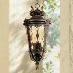 John Timberland Traditional Outdoor Light Hanging Veranda Bronze Scroll 26 1/4" Champagne Water Glass Damp Rated for Porch Patio