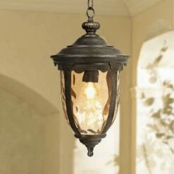 John Timberland Rustic Outdoor Ceiling Light Bronze 18" Hammered Glass for Exterior Entryway Porch