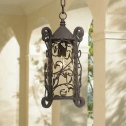 John Timberland Traditional Outdoor Light Hanging Dark Walnut Iron Scroll 15" Champagne Water Glass Damp Rated for Exterior Porch