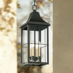 John Timberland Traditional Outdoor Hanging Light Fixture Black Warm Gold 24 3/4" Clear Glass Panels Exterior House Porch Patio