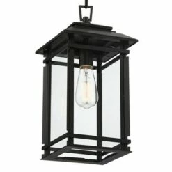 John Timberland Mission Outdoor Hanging Ceiling Light Fixture Matte Black Metal 17" Clear Glass Panels Shade Exterior House Porch Patio