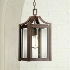 Franklin Iron Works Modern Outdoor Ceiling Light Hanging Rustic Bronze 17" Clear Glass Damp Rated for Exterior Porch Entryway