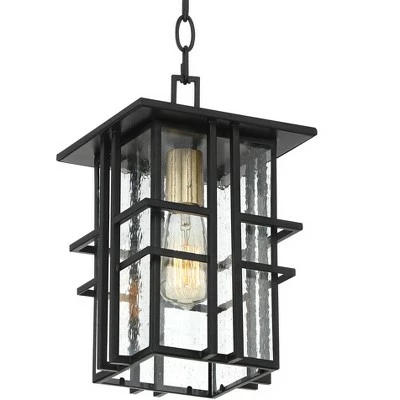 Possini Euro Design Modern Outdoor Ceiling Light Hanging Black Geometric Frame 12 1/2" Seedy Glass for Exterior House Porch Patio 4 Possini Euro Design Modern Outdoor Ceiling Light Hanging Black Geometric Frame 12 1/2" Seedy Glass for Exterior House Porch Patio - Image 3