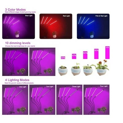 MPM 10 Dimmable Levels 4 Head Timing Grow Light with 3 Modes Timing Function, Adjustable Gooseneck, Red/Blue Spectrum, With Remote Control, For Indoor 3 MPM 10 Dimmable Levels 4 Head Timing Grow Light with 3 Modes Timing Function, Adjustable Gooseneck, Red/Blue Spectrum, With Remote Control, For Indoor