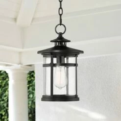 Franklin Iron Works Modern Outdoor Hanging Light Matte Black 13 3/4" Clear Seedy Glass Exterior House Porch Patio Outside Deck