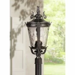 John Timberland Traditional Outdoor Post Light Textured Black Scroll 25" Clear Hammered Glass for Exterior Garden Yard