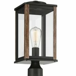 John Timberland Modern Farmhouse Outdoor Post Light Fixture Dark Bronze Wood Finish Grain 17" Clear Glass Panels for Exterior House Porch
