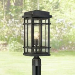 John Timberland Mission Outdoor Post Light Fixture Oil Rubbed Bronze 19 1/4" Clear Seedy Glass for Exterior Garden Yard Walkway