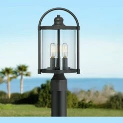 John Timberland Modern Outdoor Post Light Fixture Black 15 3/4" Cylindrical Glass Exterior House Porch Patio Garden Yard Walkway