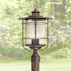 Franklin Iron Works Industrial Farmhouse Outdoor Post Light Bronze 19 3/4" Clear Seedy Glass Lantern for Exterior Garden Yard
