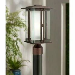 Franklin Iron Works Modern Post Light Fixture Bronze 15 3/4" Clear and Frosted Double Glass Lantern for Garden Yard Driveway