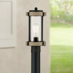 John Timberland Rustic Outdoor Post Light Fixture Black Metal Gray Wood Finish 14 1/2" Clear Glass for Exterior House Porch Patio Outside
