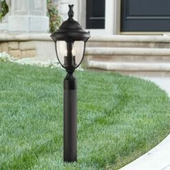 John Timberland Traditional Outdoor Post Light Fixture LED Black 35 1/2" Seeded Glass for Exterior Garden Yard Driveway Walkway