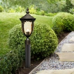John Timberland Outdoor Post Light Fixture LED Veranda Bronze 33" Clear Hammered Glass for Exterior House Porch Patio Garden Yard