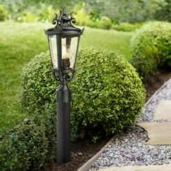 John Timberland Traditional Outdoor Post Light Fixture LED Matte Black 32 1/2" Champagne Hammered Glass House Patio Garden Yard
