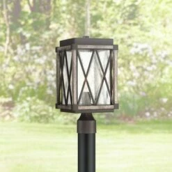 Possini Euro Design Rustic Outdoor Post Light Fixture Bronze Wood Finish 16" Clear Seedy Glass Lantern for Garden Yard Driveway Walkway