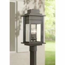 Franklin Iron Works Rustic Outdoor Post Light Fixture LED Black Specked Gray 31 1/2" Clear Glass for Exterior Garden Yard Driveway