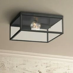 John Timberland Modern Outdoor Ceiling Light Fixture Matte Black 12" Clear Glass Panels Square Exterior House Porch Patio Outside