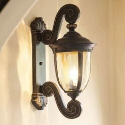 John Timberland Outdoor Wall Light Fixture Bronze Scroll 24" Champagne Hammered Glass for Exterior House Porch Patio