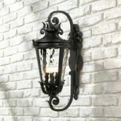 John Timberland Mediterranean Outdoor Wall Light Fixture Textured Black Scroll 27 1/2" Clear Hammered Glass for Porch Patio House