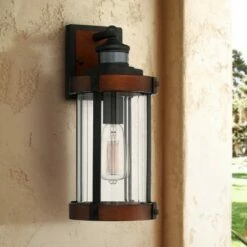 John Timberland Industrial Outdoor Wall Light Fixture Dark Wood Finish Black 15 1/2" Motion Sensor Clear Glass for Exterior House Porch