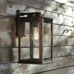 John Timberland Modern Farmhouse Outdoor Wall Light Fixture Dark Bronze Wood Finish Grain 14 1/4" Clear Glass Panels Exterior House Porch