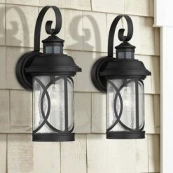 John Timberland Industrial Farmhouse Outdoor Wall Light Fixtures Set of 2 Black 15 1/2" Glass Dusk To Dawn Motion Sensor Exterior