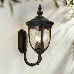 John Timberland Outdoor Wall Light Fixture Bronze 21" Hammered Glass Sconce for House Deck Patio