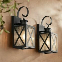 John Timberland Vintage Outdoor Wall Light Fixtures Set of 2 Textured Black 14 1/2" Dusk to Dawn Motion Sensor for Exterior House