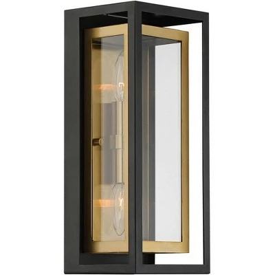 Possini Euro Design Modern Outdoor Wall Light Fixture Mixed Metal Black Brass 14" Double Box Clear Glass for Exterior House Porch 6 Possini Euro Design Modern Outdoor Wall Light Fixture Mixed Metal Black Brass 14" Double Box Clear Glass for Exterior House Porch - Image 4