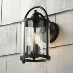 John Timberland Modern Outdoor Wall Light Fixture Black 13" Cylindrical Glass for Exterior House Porch Patio Deck Entryway