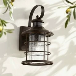 John Timberland Coastal Outdoor Light Fixture Oiled Bronze 14" Seedy Glass Lantern Dusk to Dawn Motion Security Sensor for Exterior Porch