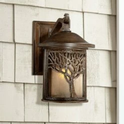 John Timberland Mission Outdoor Wall Light Fixture Bronze Tree Motif 12 1/4" Amber Glass Lantern for Exterior House Porch Patio