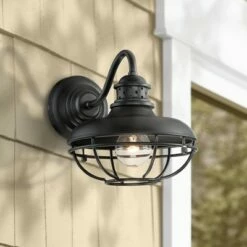 Franklin Iron Works Vintage Industrial Outdoor Barn Wall Light Fixtures Set of 2 Black Iron 9" Gooseneck Arm Glass Exterior House -Outdoor Lighting Sales Shop unnamed file 3442