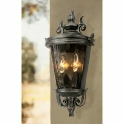 John Timberland Traditional Outdoor Light Fixture Veranda Bronze Scroll 17" Champagne Hammered Glass for Exterior Porch