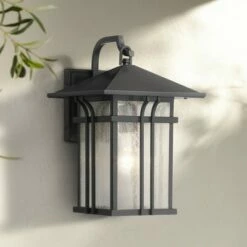 John Timberland Mission Outdoor Wall Light Fixture Painted Bronze 14" Seeded Clear Glass Lantern for House Porch Patio Deck