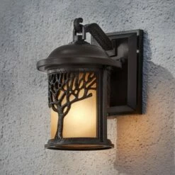 John Timberland Rustic Outdoor Wall Light Fixture Bronze 9 1/2" Tree Etched Glass Sconce for Exterior House Deck Patio Porch Lighting