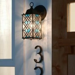 10.25" 1-Light Traditional Satin Outdoor Stained Glass Lantern Wall Sconce Black - River of Goods