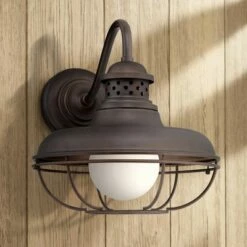 Franklin Iron Works Farmhouse Outdoor Barn Light Wall Fixture Oiled Bronze Open Cage 16" White Glass Orb Diffuser for Exterior House