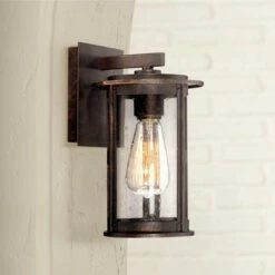 Franklin Iron Works Vintage Industrial Outdoor Wall Light Fixture Bronze Lantern 10 1/2" Seeded Glass Cylinder for Exterior Porch
