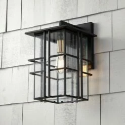 Possini Euro Design Modern Outdoor Wall Light Fixture Black Geometric Frame 16" Seedy Glass for Exterior House Porch Patio Deck
