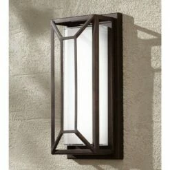 Possini Euro Design Modern Outdoor Wall Light Fixture LED Painted Bronze Geometric 12" White Etched Glass for Exterior House Porch