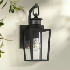 Possini Euro Design Modern Outdoor Wall Light Fixture Textured Black 14" Clear Glass Motion Sensor Exterior House Porch Patio Deck
