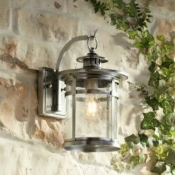 Franklin Iron Works Modern Outdoor Wall Light Fixture Chrome Lantern 14 1/2" Clear Seedy Glass for Exterior House Porch Patio
