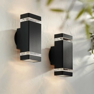Possini Euro Design Possini Euro Modern Outdoor Wall Light Fixtures Set of 2 Black Aluminum 10 1/2" Clear Glass for Exterior House Porch Patio Outside 3 Possini Euro Design Possini Euro Modern Outdoor Wall Light Fixtures Set of 2 Black Aluminum 10 1/2" Clear Glass for Exterior House Porch Patio Outside