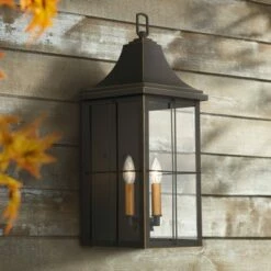 John Timberland Rustic Outdoor Wall Light Fixture Black Gold 4-Light 24 3/4" Clear Glass for Exterior House Porch Patio Outside