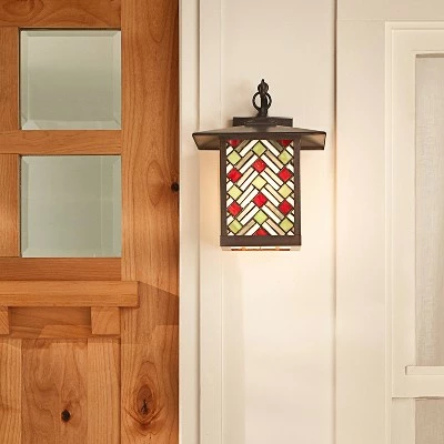 11.75" 1-Light Tiffany Style Outdoor Wall Lantern Sconce Oil-Rubbed Bronze/Stained Glass - River of Goods 3 11.75" 1-Light Tiffany Style Outdoor Wall Lantern Sconce Oil-Rubbed Bronze/Stained Glass - River of Goods