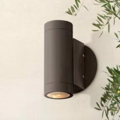 Possini Euro Design Modern Outdoor Wall Light Fixture Matte Bronze Cylinder 6 1/2" Tempered Glass Lens Up Down for Exterior House