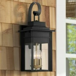 Franklin Iron Works Industrial Outdoor Wall Light Fixture Warm Brass Black Metal 17" Clear Glass Exterior House Patio Outside Deck